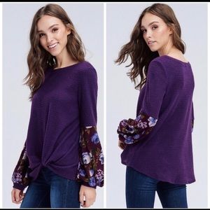 Purple waffle print top with scarf sleeves